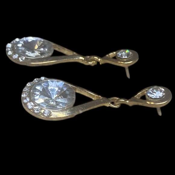 Vintage Teardrop Dangle Earrings with CZ Diamonds in a Gold Tone Setting-Pierced - Picture 2 of 6